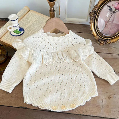 Body tricoté pour nouveau-né fille, couleur unie, ajouré, manches longues, automne, printemps, combinaison tricotée pour bébé fille