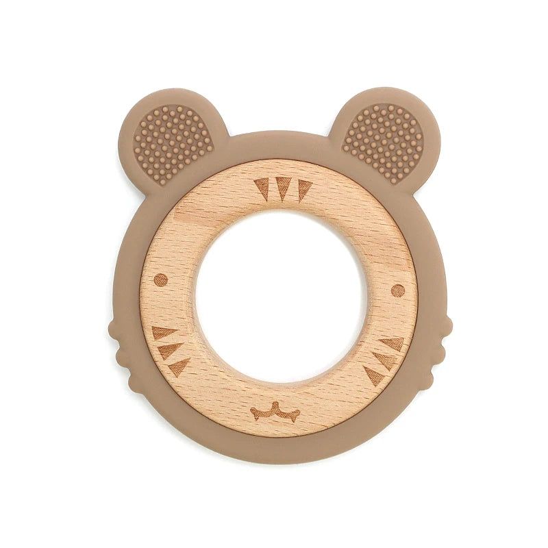 1 anneau de dentition en silicone pour bébé, sans BPA, mignon, dessin animé, pendentif tigre, jouet de dentition, anneau en bois, accessoires à mâcher, jouets pour bébé