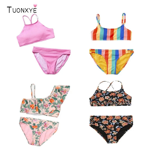 Maillots de bain pour filles TUONXYE, ensemble haut court à épaules dénudées et culotte à imprimé floral, bikini pour enfants, vêtements de plage
