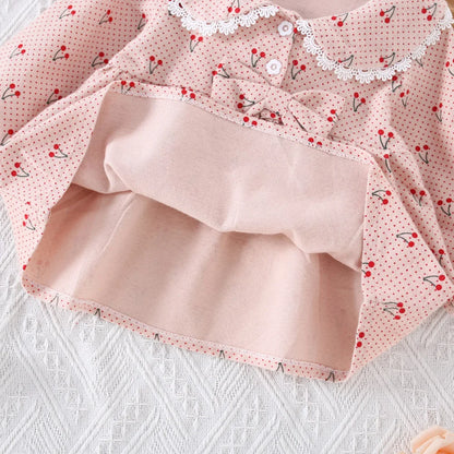 Jupe pour enfants de 0 à 3 ans, nouvelle collection printemps-automne, robe fraîche à motif de cerises, avec nœud décoratif et col haut