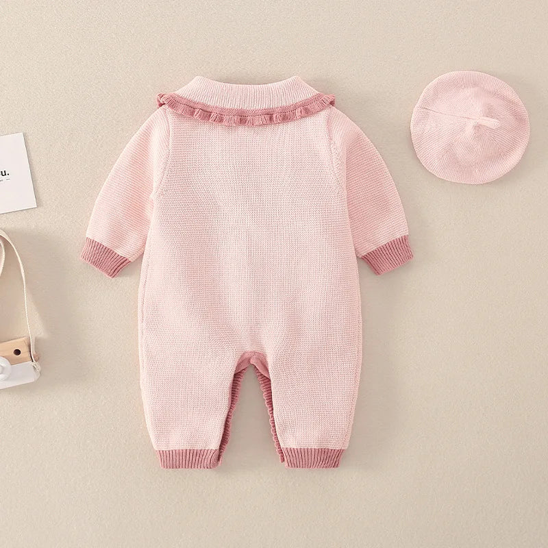Barboteuse tricotée en coton à manches longues pour nouveau-né fille, col brodé, combinaison pour bébé fille, automne-hiver 2024