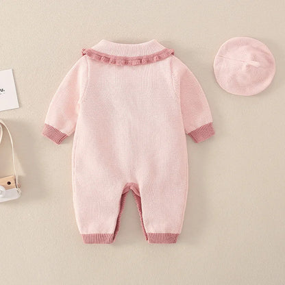 Barboteuse tricotée en coton à manches longues pour nouveau-né fille, col brodé, combinaison pour bébé fille, automne-hiver 2024