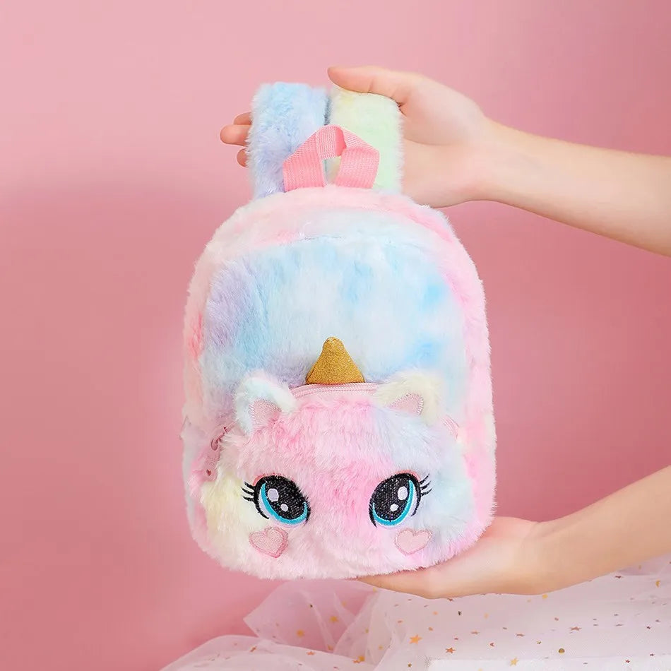 Girls and Boys Kindergarten Shoulders Bags Children's Cartoon Unicorn Plush Big Eyed Backpack Children's Colorful Plush Backpack