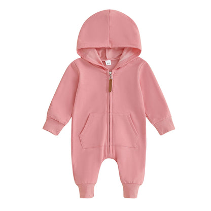 Combinaison Pudcoco pour nouveau-né, manches longues, capuche, fermeture éclair, couleur unie, pour garçons et filles de 0 à 12 mois