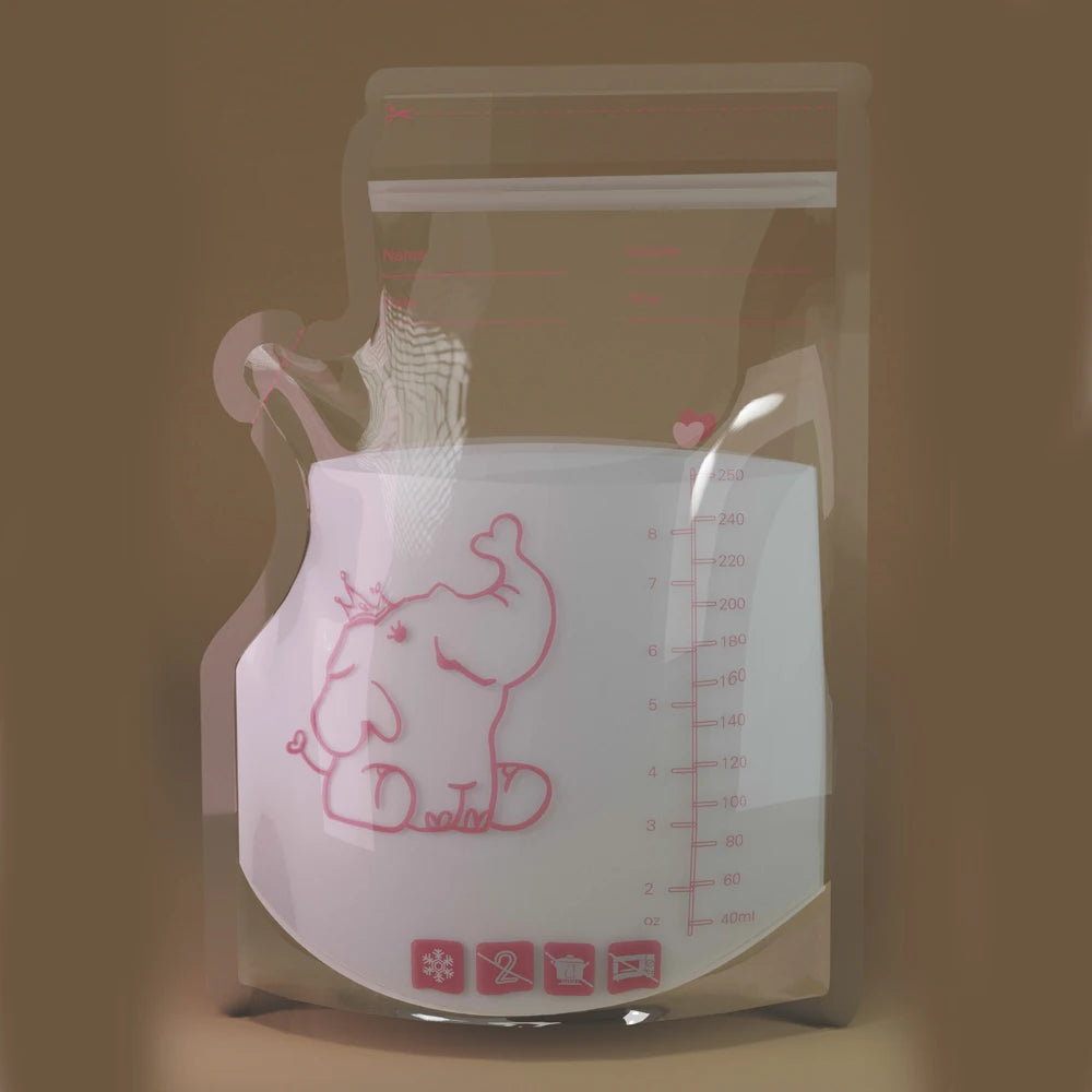Lot de 50 sachets de conservation du lait maternel pré-stérilisés, anti-fuites, sans BPA, jetables, pour le stockage du lait maternel, pour le pompage et la congélation, motif éléphant