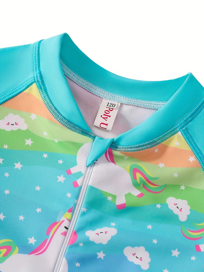 Maillot de bain arc-en-ciel pour fille, manches longues, bas de bikini, imprimés colorés et joyeux, motif animal et cheval fantaisiste