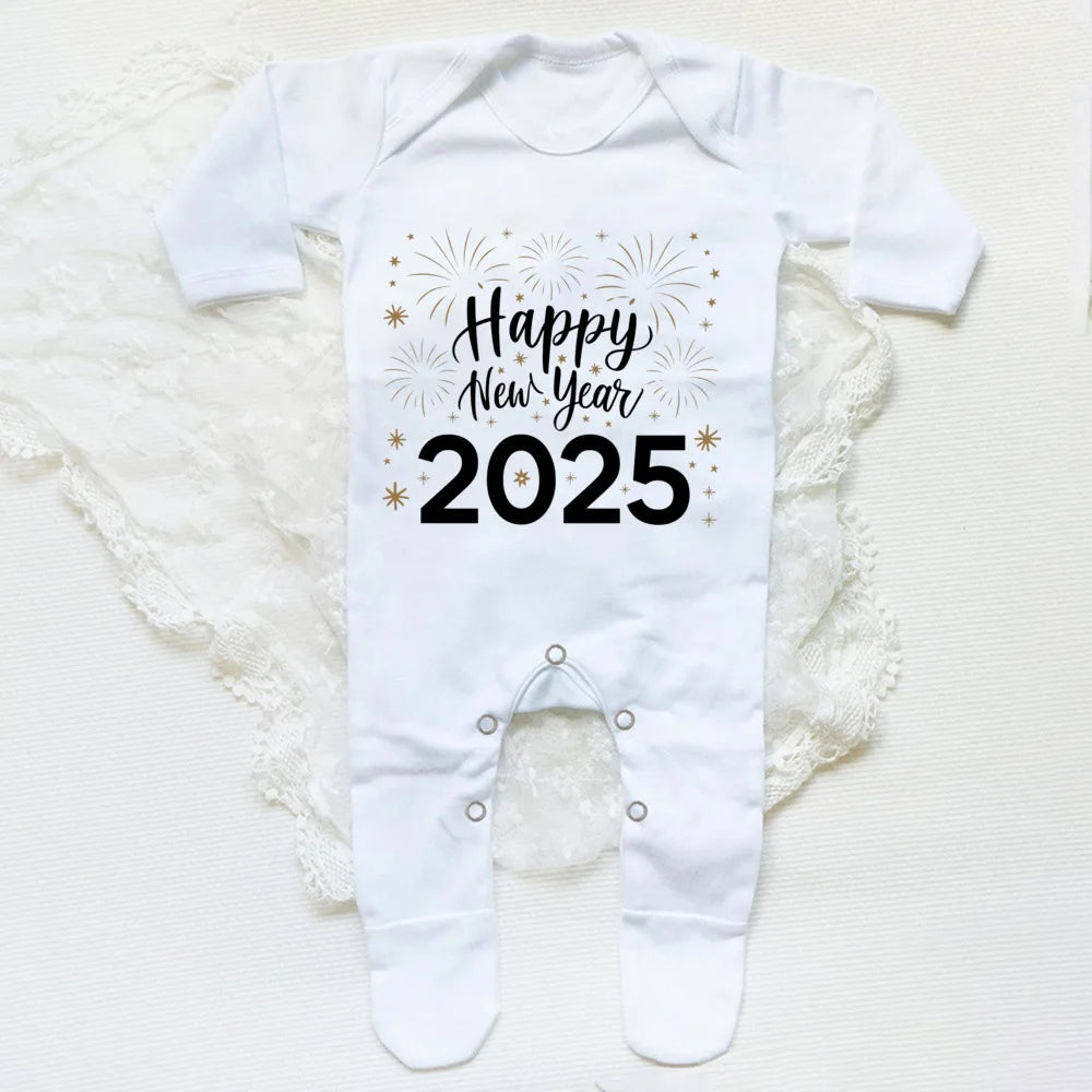 Combinaison de nuit imprimée Hello 2025 pour bébé, barboteuse, bonne année, nouveau-né, combinaison, pieds pour bébé, body à manches longues