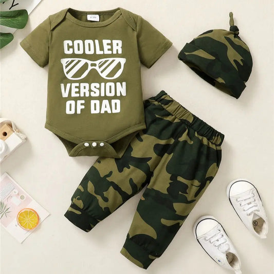 Ensemble 3 pièces pour nouveau-né garçon de 0 à 18 mois, barboteuse à manches courtes et pantalon camouflage avec chapeau, tenue décontractée
