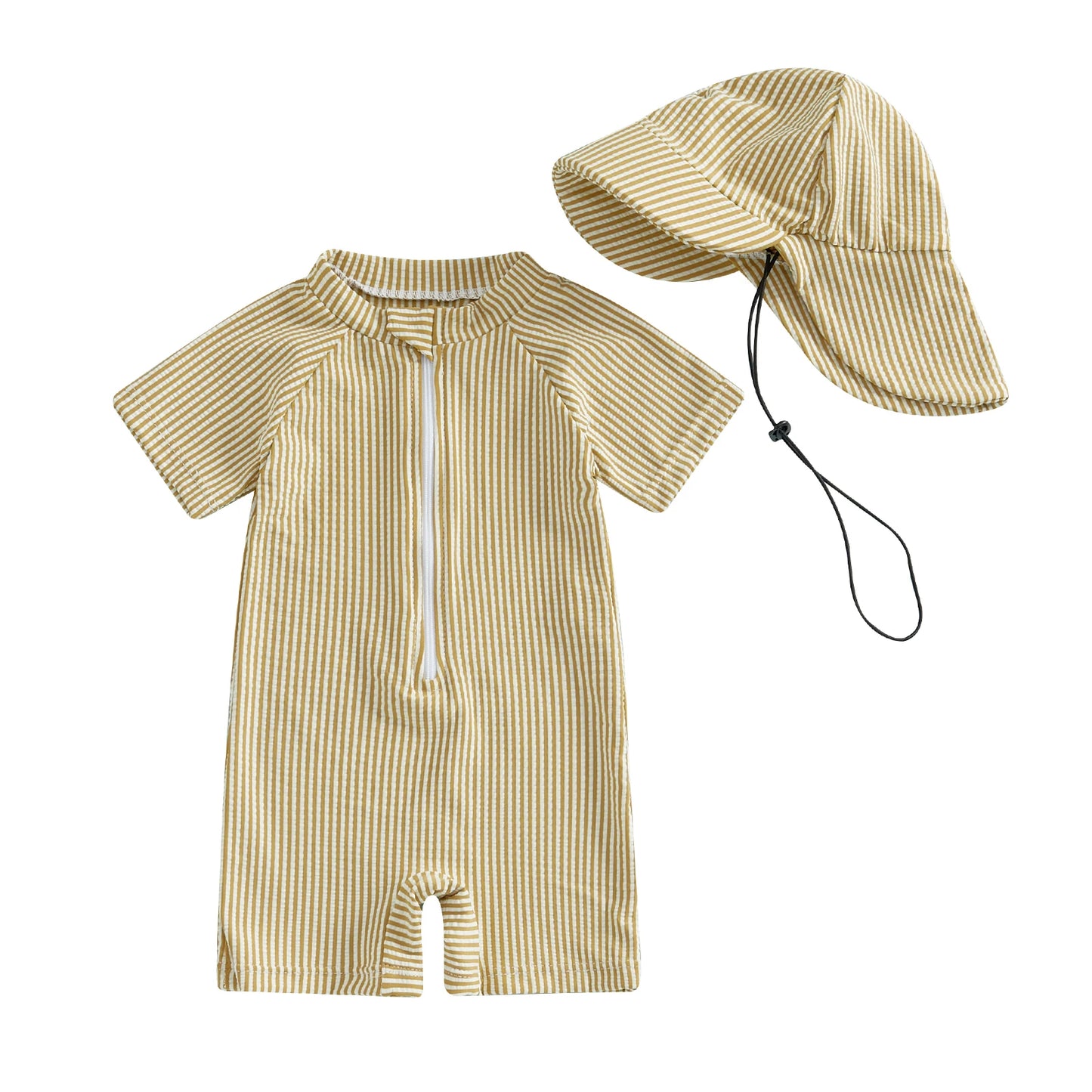 Maillots de bain d'été pour bébés garçons, imprimés rayés, fermeture éclair, col rond, manches courtes, combinaisons anti-éruption cutanée, chapeaux, maillots de bain