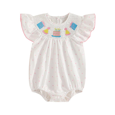 Tenue de premier anniversaire pour fille, gâteau d'anniversaire brodé, barboteuse à manches volantées, body smocké, tenues mignonnes pour bébé fille