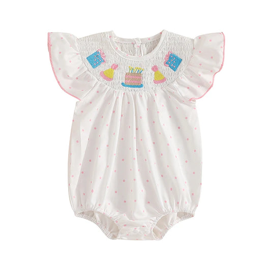 Tenue de premier anniversaire pour fille, gâteau d'anniversaire brodé, barboteuse à manches volantées, body smocké, tenues mignonnes pour bébé fille