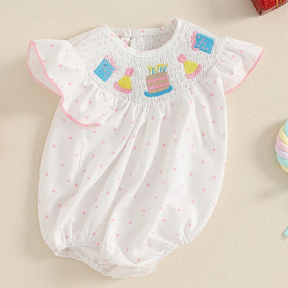 Tenue de premier anniversaire pour fille, gâteau d'anniversaire brodé, barboteuse à manches volantées, body smocké, tenues mignonnes pour bébé fille