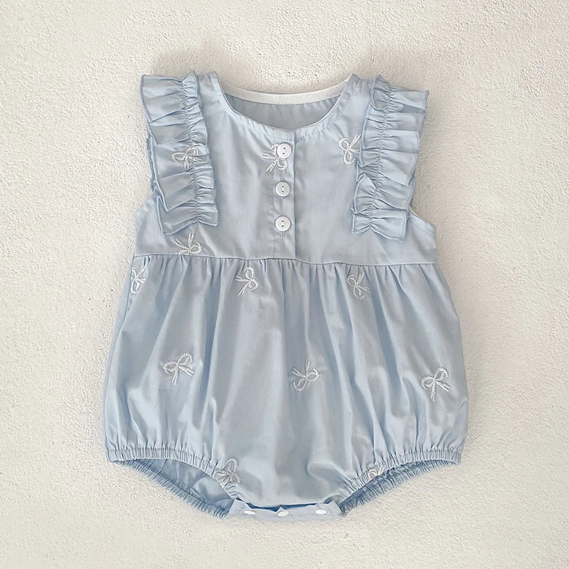 Barboteuse d'été pour bébé fille, manches volantées, vêtements en dentelle douce, barboteuse pour nouveau-né, combinaison pour fille, fleurs brodées, barboteuse pour bébé