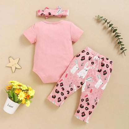 Ensemble 3 pièces pour nouveau-né fille, barboteuse à imprimé lapin + pantalon avec nœud papillon, tenue d'été décontractée
