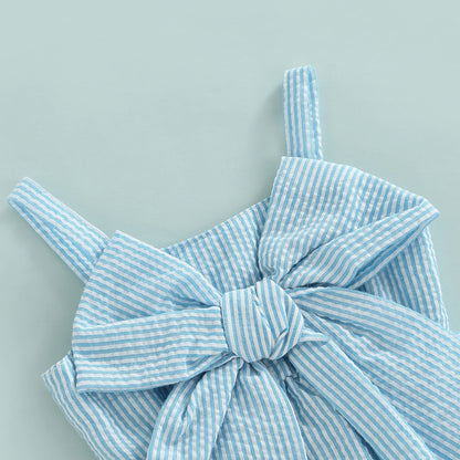 Ensemble short pour bébé fille, imprimé rayé, gros nœud, haut sans manches à bretelles et short extensible taille haute