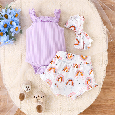 Ensemble 3 pièces d'été pour bébé fille de 0 à 2 ans, robe licou violette douce et confortable, décontractée et légère + short imprimé arc-en-ciel