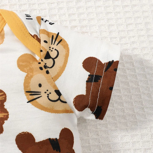Barboteuse à manches courtes pour nouveau-né garçon, 3 couleurs, motif lion mignon, combinaison rayée, décontractée et confortable, pour l'été, de 1 à 18 mois