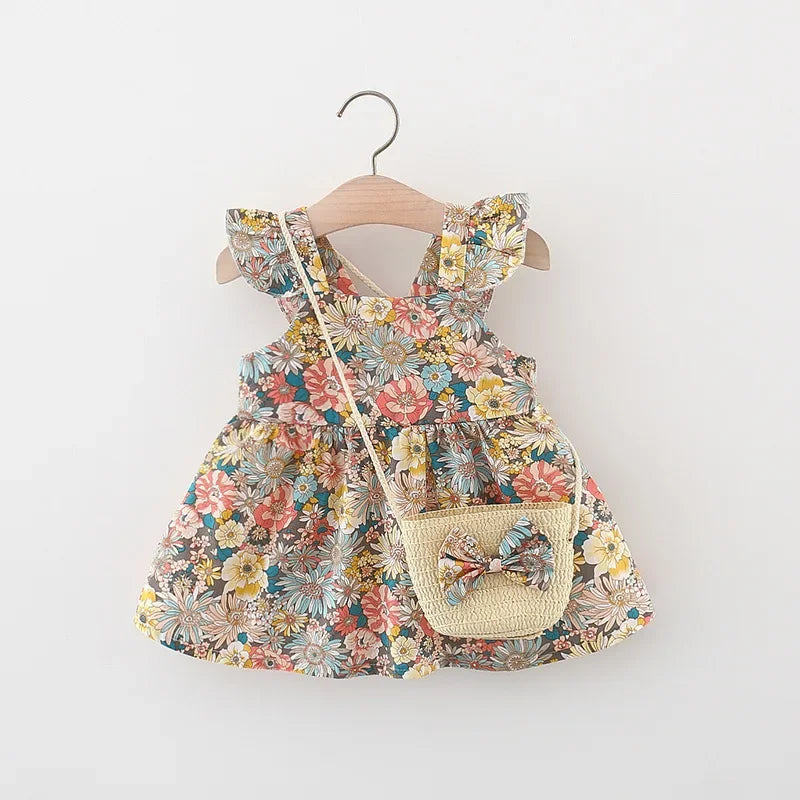 (Filles 0-3 ans) Nouvelle robe d'été pour filles, dos nu, petites manches volantées, fleurs à volants, imprimé complet + sac à bandoulière, robe trapèze