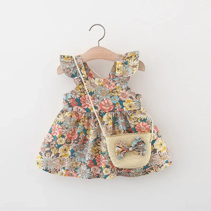 (Filles 0-3 ans) Nouvelle robe d'été pour filles, dos nu, petites manches volantées, fleurs à volants, imprimé complet + sac à bandoulière, robe trapèze
