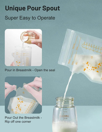 Sachets de conservation du lait maternel PE Giraffe, 250 ml, 30 pièces/60 pièces par paquet, étiquettes pré-adhésives, sans BPA, étanches,