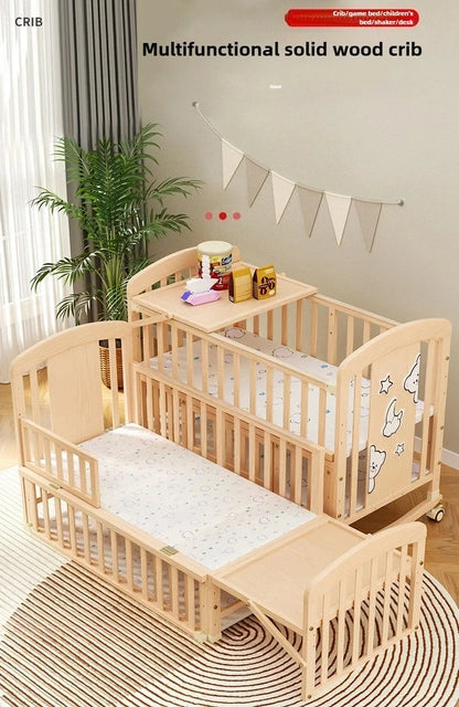 2025 New Baby Comfortable Sleeping Bed Solid Wood Newborn Baby Bed Multifunctional Baby Rocking Bed with Wheels and Mosquito Net