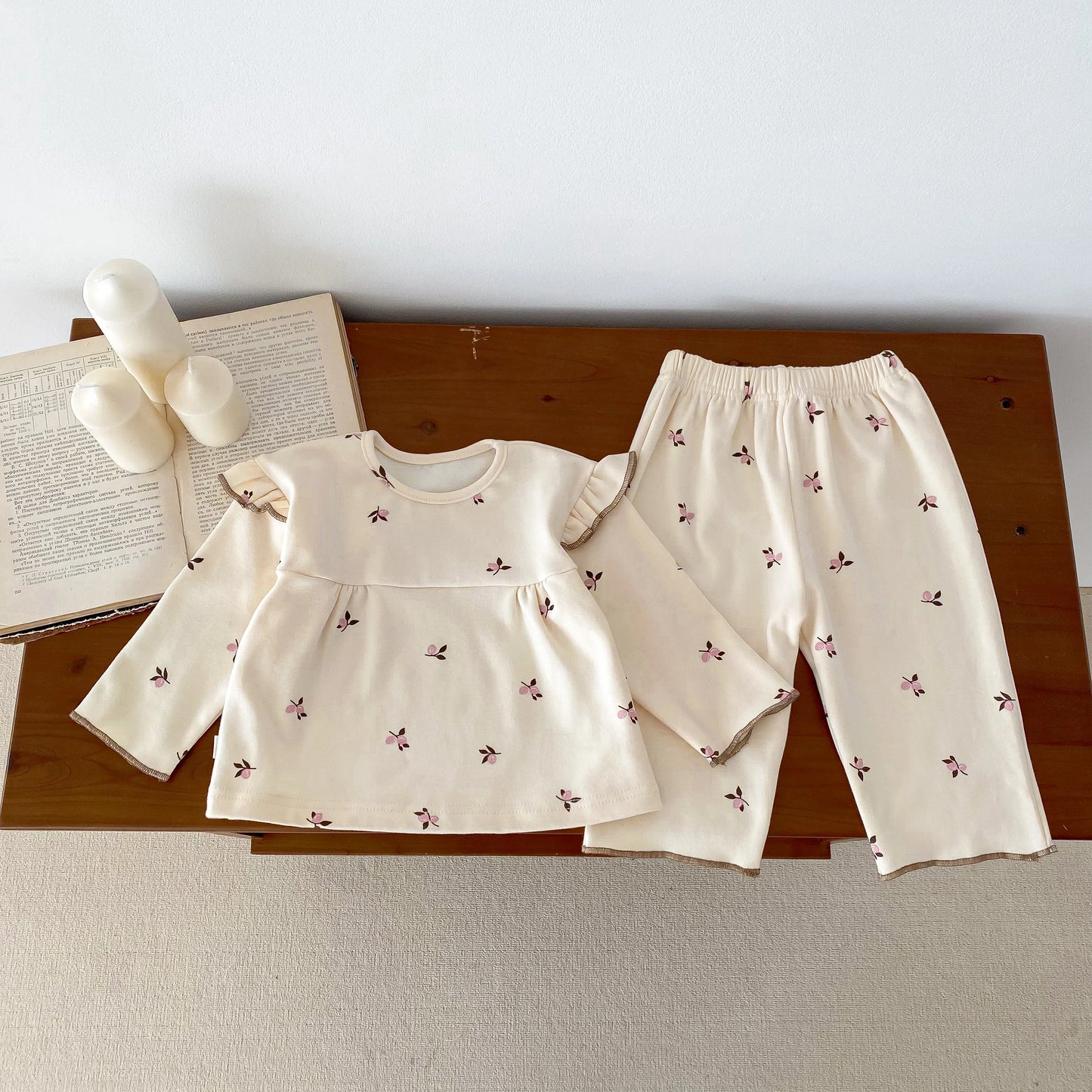 IG Fashion Vêtements pour nouveau-nés Pyjama pour bébé Garçon Fille Imprimé Cerise Manches Longues Chemise + Pantalon Vêtements de Nuit Ensemble Deux Pièces 0-2 ans