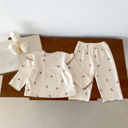 IG Fashion Vêtements pour nouveau-nés Pyjama pour bébé Garçon Fille Imprimé Cerise Manches Longues Chemise + Pantalon Vêtements de Nuit Ensemble Deux Pièces 0-2 ans