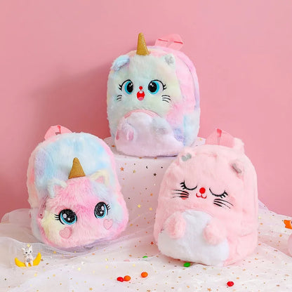 Girls and Boys Kindergarten Shoulders Bags Children's Cartoon Unicorn Plush Big Eyed Backpack Children's Colorful Plush Backpack