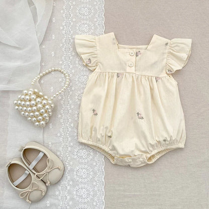 Barboteuse d'été pour bébé fille, manches volantées, vêtements en dentelle douce, barboteuse pour nouveau-né, combinaison pour fille, fleurs brodées, barboteuse pour bébé