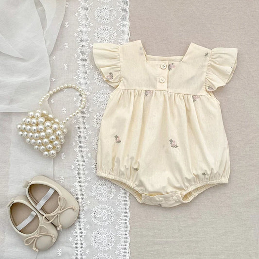 Barboteuse d'été pour bébé fille, manches volantées, vêtements en dentelle douce, barboteuse pour nouveau-né, combinaison pour fille, fleurs brodées, barboteuse pour bébé