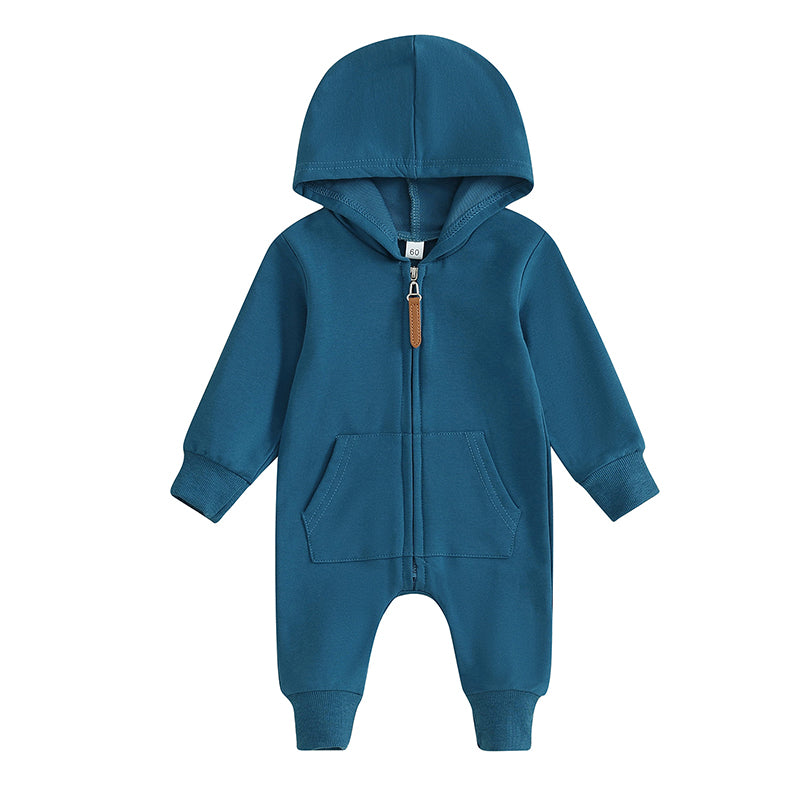 Combinaison Pudcoco pour nouveau-né, manches longues, capuche, fermeture éclair, couleur unie, pour garçons et filles de 0 à 12 mois