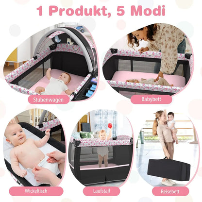 5-in-1 Travel Cot with Mattress,with Adjustable Canopy,with Changing Mat,Music Box & Carry Bag,up to 15 kg Load Capacity