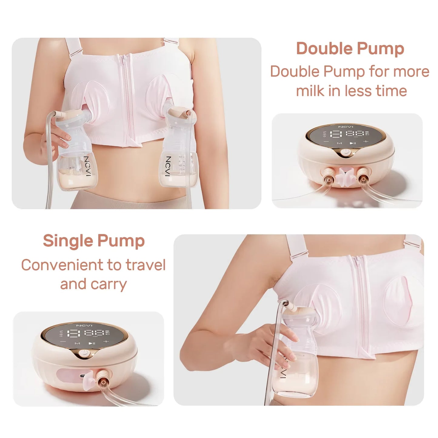 Tire-lait électrique double NCVI – 4 modes et 9 niveaux d'aspiration, ultra-silencieux, affichage LED, sachets de conservation du lait inclus