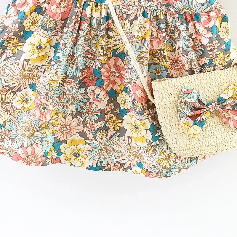 (Filles 0-3 ans) Nouvelle robe d'été pour filles, dos nu, petites manches volantées, fleurs à volants, imprimé complet + sac à bandoulière, robe trapèze