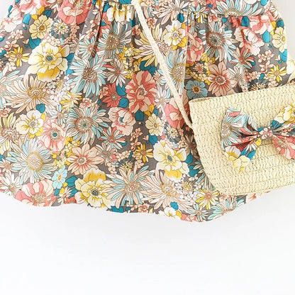 (Filles 0-3 ans) Nouvelle robe d'été pour filles, dos nu, petites manches volantées, fleurs à volants, imprimé complet + sac à bandoulière, robe trapèze