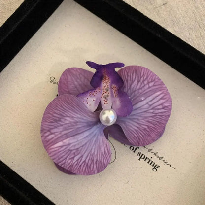 Pince à cheveux en tissu avec fleur, orchidée papillon, style coréen, épingle à cheveux en forme de fleur, accessoires pour cheveux féminins, pince à cheveux en perles pour fille, bord de mer