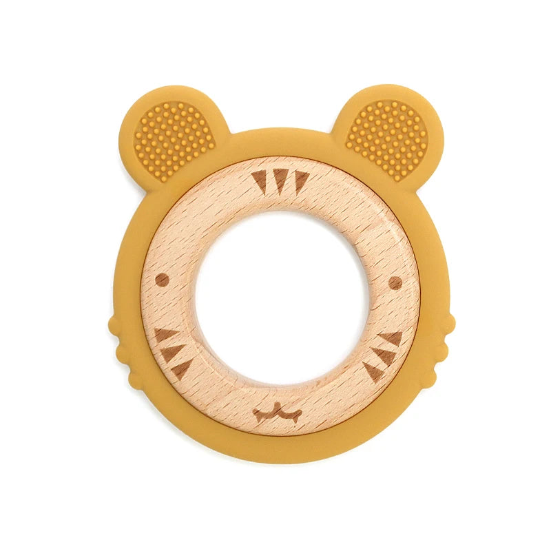 1 anneau de dentition en silicone pour bébé, sans BPA, mignon, dessin animé, pendentif tigre, jouet de dentition, anneau en bois, accessoires à mâcher, jouets pour bébé