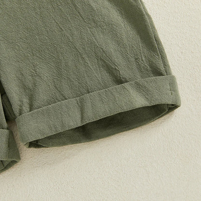 Ensemble 3 pièces pour bébé garçon, barboteuse à manches courtes et col à revers, couleur unie, avec short à bretelles et nœud papillon