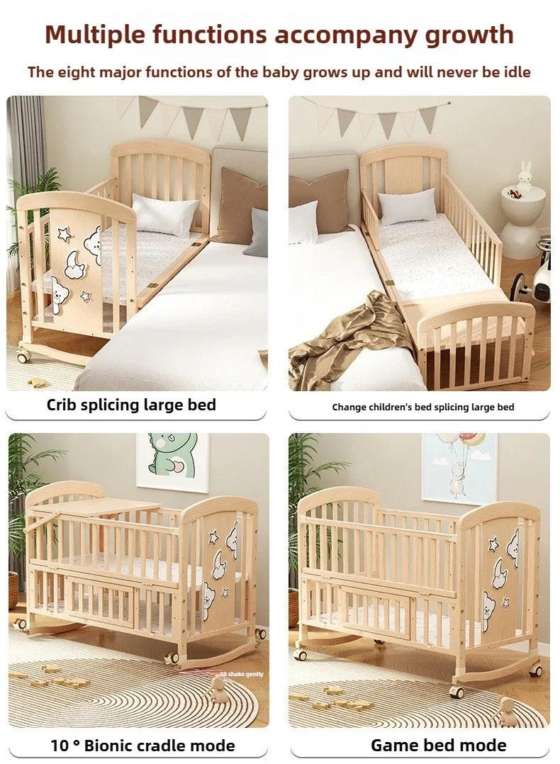 2025 New Baby Comfortable Sleeping Bed Solid Wood Newborn Baby Bed Multifunctional Baby Rocking Bed with Wheels and Mosquito Net