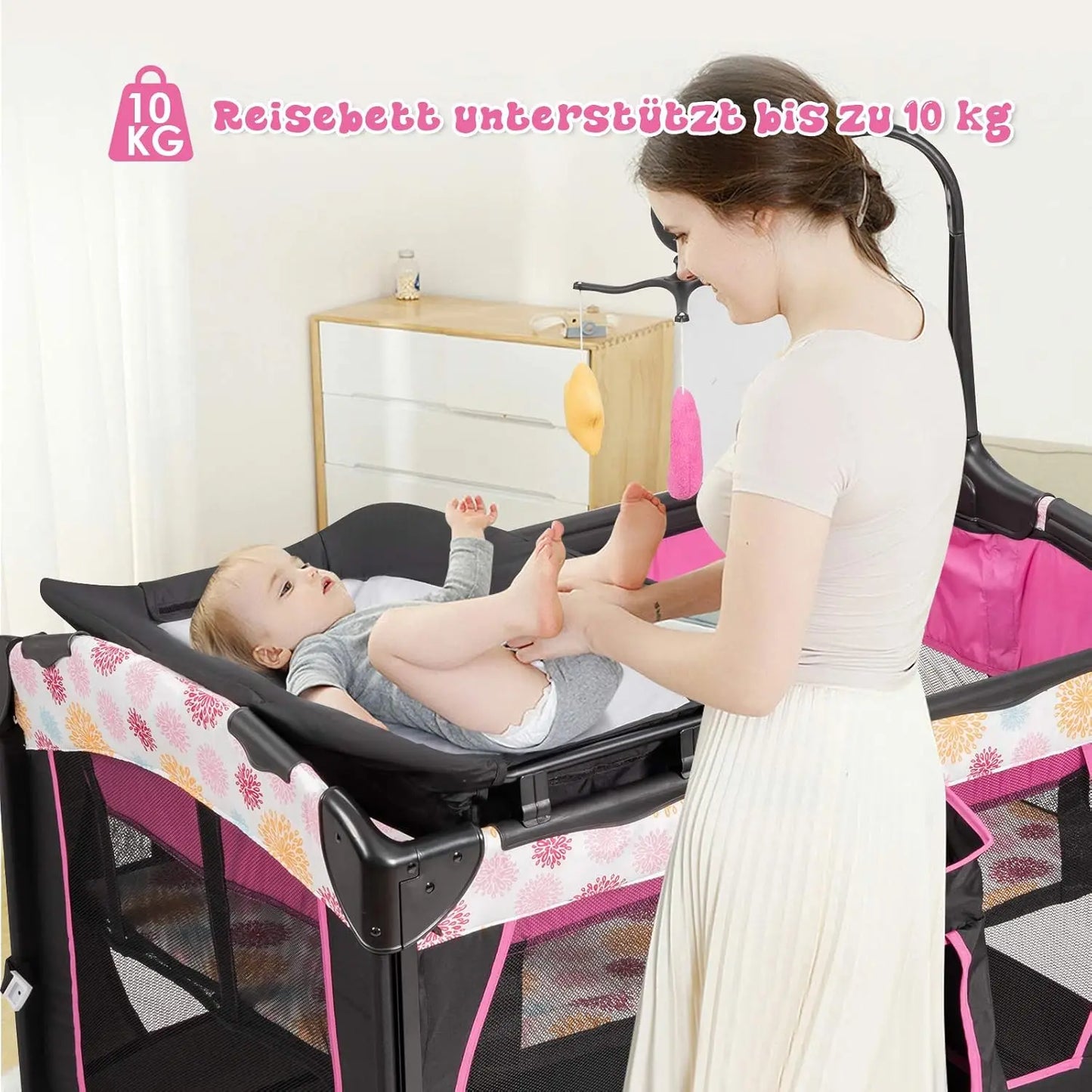 4-in-1 Folding Travel Cot & Cot & Changing Table & Playpen, 2 Levels Baby Bed Height Adjustable with Carry Bag, Mattress
