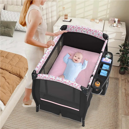 5-in-1 Travel Cot with Mattress,with Adjustable Canopy,with Changing Mat,Music Box & Carry Bag,up to 15 kg Load Capacity