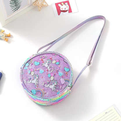 Kids Accessories Summer Lovely Kids Girls Sequin Crossbody Bag 3 Colors Cartoon Printed Round Shoulder Bag with Adjustable Strap