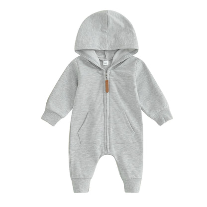 Combinaison Pudcoco pour nouveau-né, manches longues, capuche, fermeture éclair, couleur unie, pour garçons et filles de 0 à 12 mois