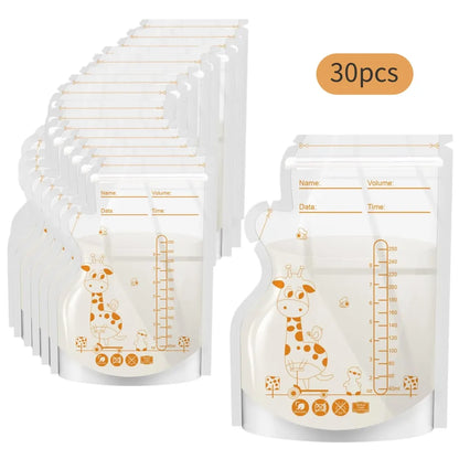 Sachets de conservation du lait maternel PE Giraffe, 250 ml, 30 pièces/60 pièces par paquet, étiquettes pré-adhésives, sans BPA, étanches,