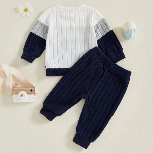 VISgogo Ensemble de vêtements 2 pièces pour garçons de 0 à 3 ans, pull à manches longues et col rond, couleur unie, pantalon