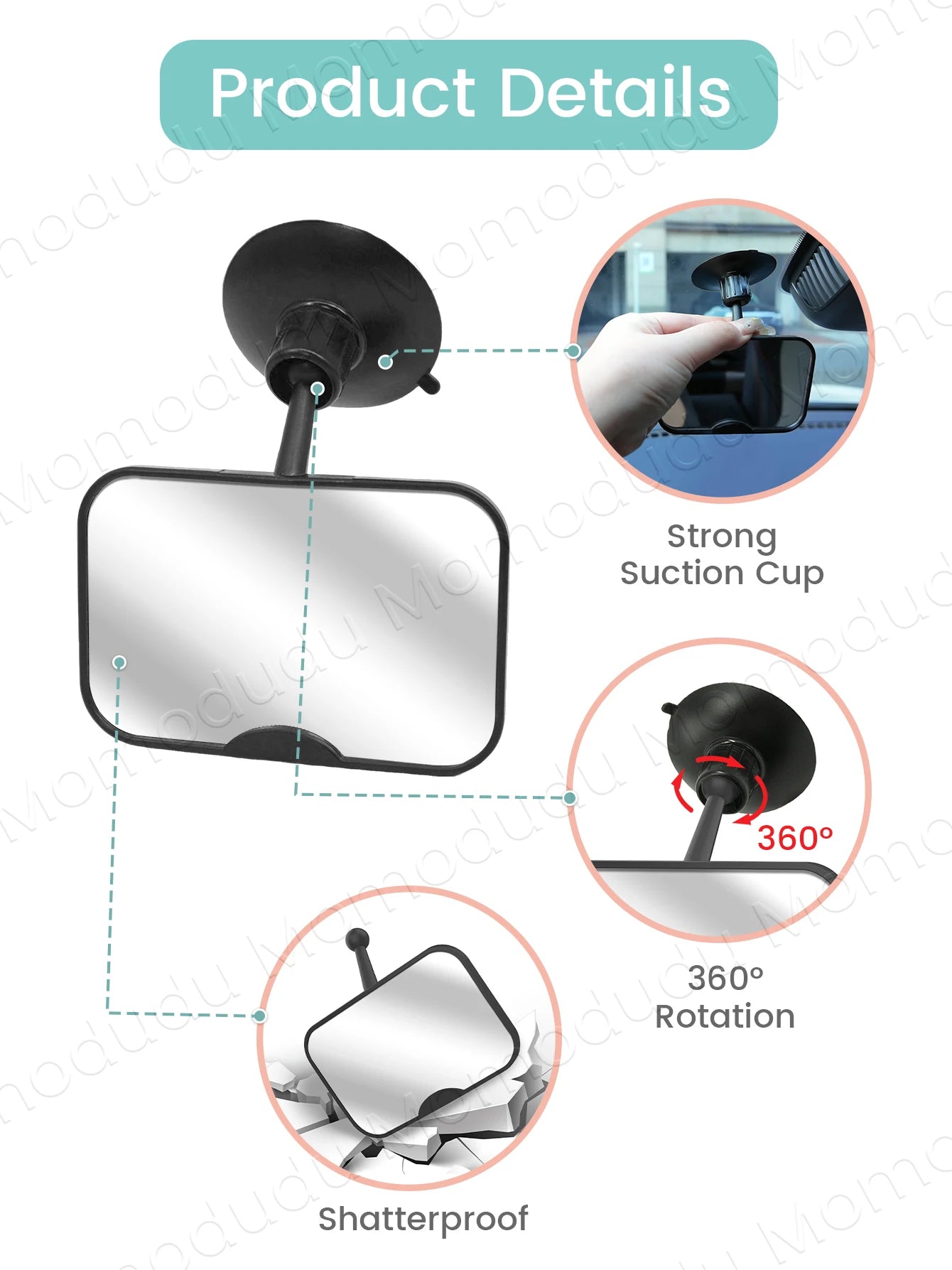 2-in-1 Black Adjustable Car Seat Mirror 360° Rotatable Shatterproof Suction Cups Easy Install for Rear-Facing Kids Monitoring