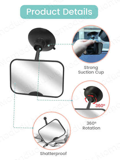 2-in-1 Black Adjustable Car Seat Mirror 360° Rotatable Shatterproof Suction Cups Easy Install for Rear-Facing Kids Monitoring