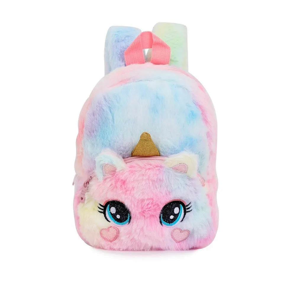 Girls and Boys Kindergarten Shoulders Bags Children's Cartoon Unicorn Plush Big Eyed Backpack Children's Colorful Plush Backpack