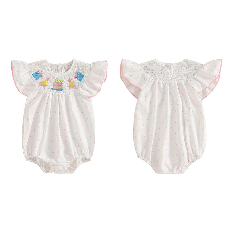 Tenue de premier anniversaire pour fille, gâteau d'anniversaire brodé, barboteuse à manches volantées, body smocké, tenues mignonnes pour bébé fille