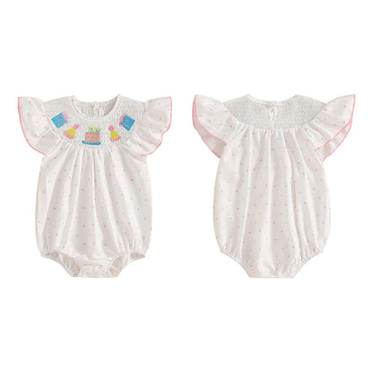 Tenue de premier anniversaire pour fille, gâteau d'anniversaire brodé, barboteuse à manches volantées, body smocké, tenues mignonnes pour bébé fille